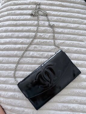 CHANEL Black Patent Leather Chain Clutch